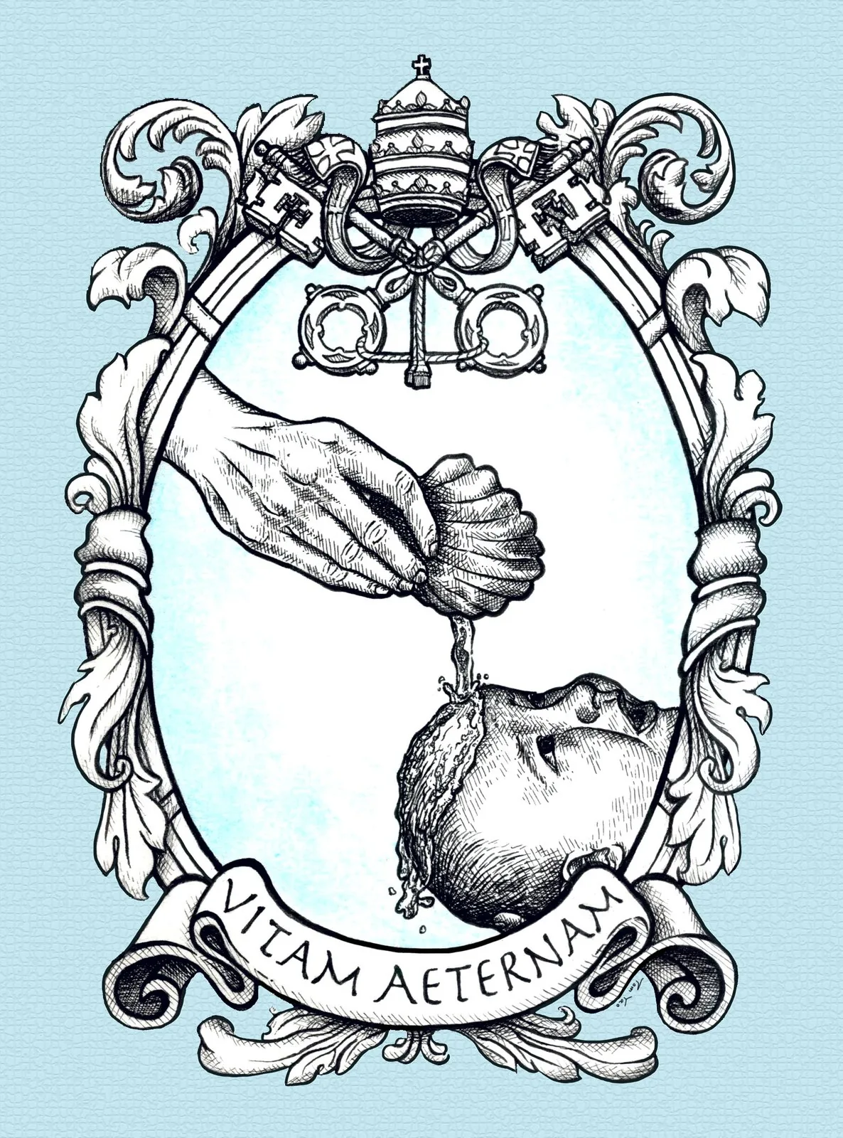 Baptism — pen and ink drawing by Tom Yao
