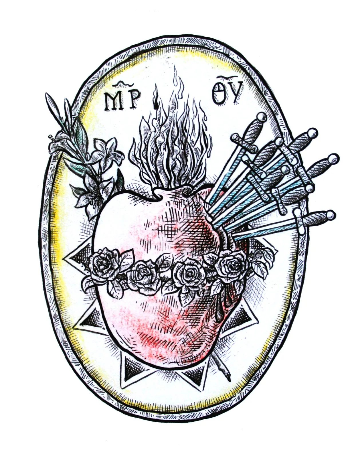 The Immaculate Heart of Mary — pen and ink drawing by Tom Yao