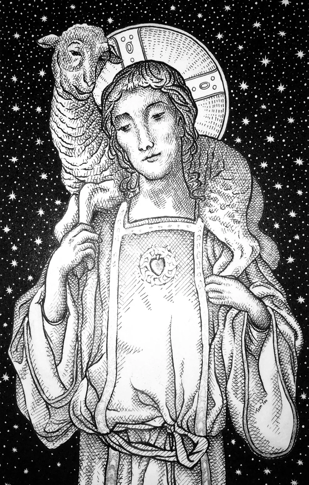 The Good Shepherd — pen and ink drawing by Tom Yao